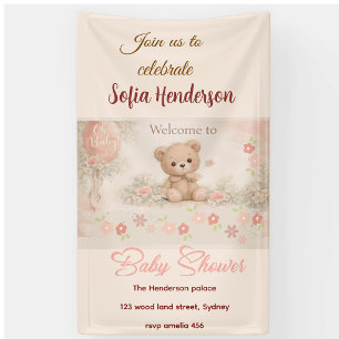 Blush  Bear Soft Water colour floral baby shower Banner