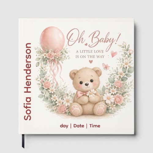 Blush  Bear Soft Water colour floral baby shower F Foil Guest Book