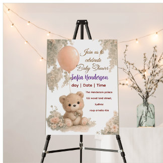 Blush  Bear Soft Water colour floral baby shower Invitation