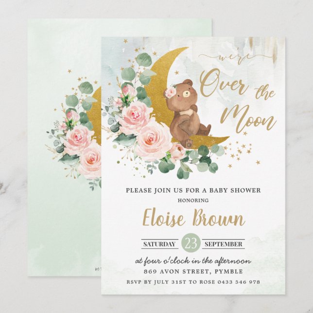 Blush Bear We're Over the Moon Girl Baby Shower Invitation (Front/Back)