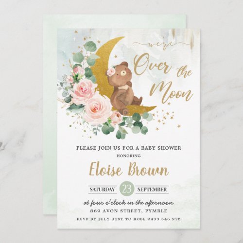 Blush Bear Were Over the Moon Girl Baby Shower Invitation