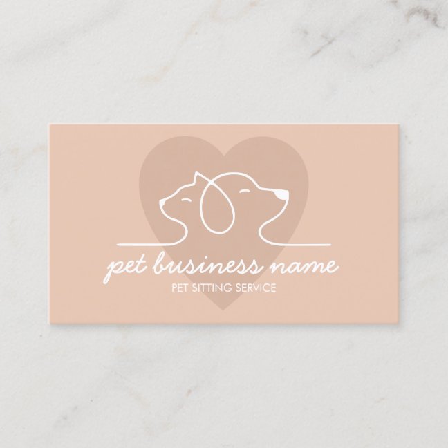 Blush Beige cat and dog together in heart Business Card