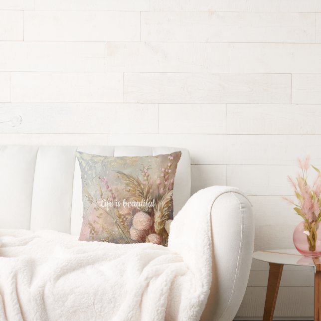 Blush Beige Chic Boho Flowers Throw Pillow (Couch)