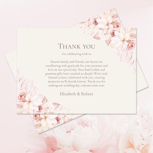 Blush Beige Floral Wedding Thank You Card (Boho Beige and Pink Roses Wedding Thank You Card on pale pink table with pink roses.)