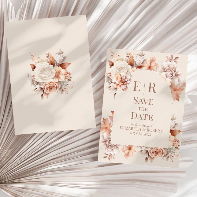 Blush Beige Monogram Save the Date Card (Boho Floral Mousse Monogram Wedding Save the Date Invitation on a sunny neutral dry palm leaf.)