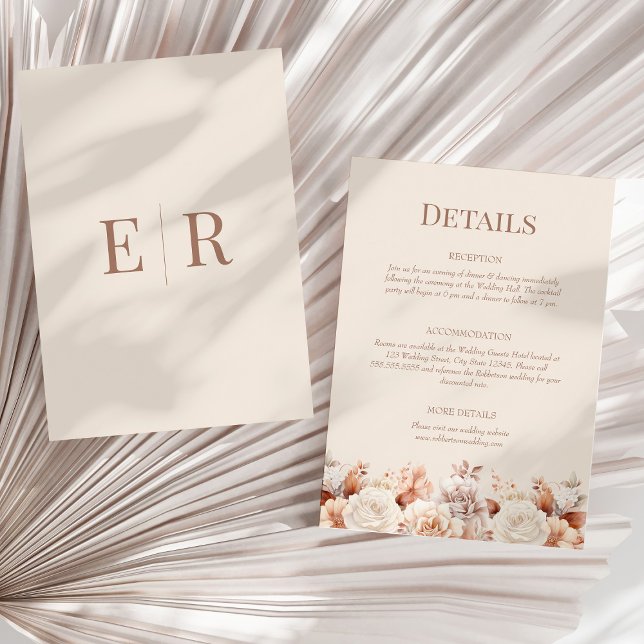 Blush Beige Monogram Wedding Details Card (Rose Gold Floral Monogram Details Enclosure Card on a sunny boho neutral dry palm leaf.)