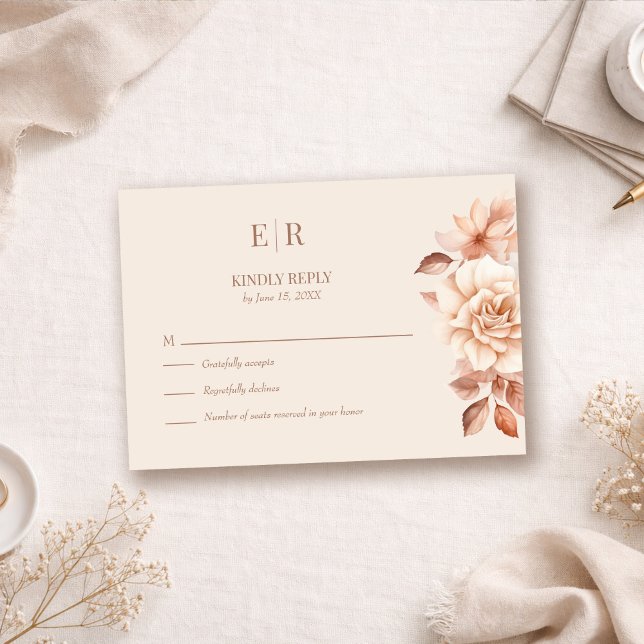 Blush Beige Monogram Wedding RSVP Card (Modern Rose Gold Floral Monogram Wedding RSVP Card on a neutral boho table with botanicals)