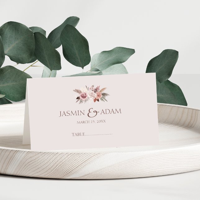 Blush Beige Pampas Floral Boho Wedding Place Card (Boho Dusty Pink Dried Flowers Pampas Grass Wedding Place Card)