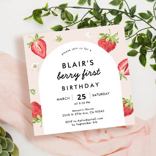 Blush Berry First Birthday Strawberry Square Invitation