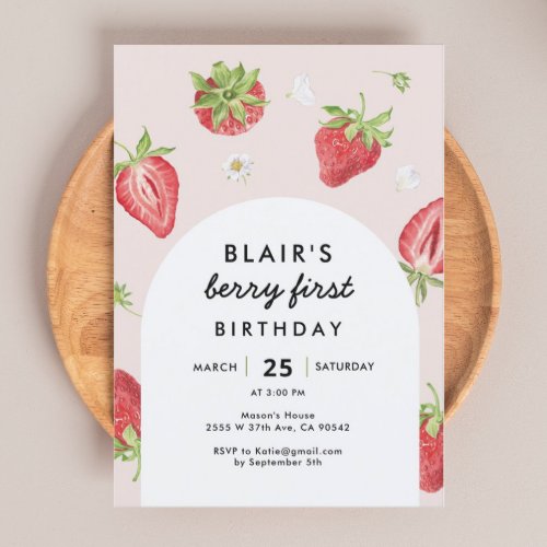 Blush Berry First Birthday Strawberry Theme Invitation