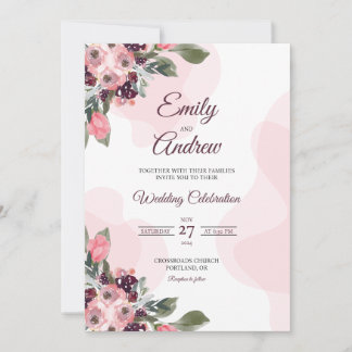 Blush Berry Plum Elegant Floral Watercolor Wedding Invitation