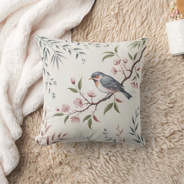 Blush Bird on Branch Throw Pillow (Blanket)