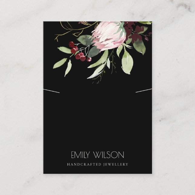 BLUSH BLACK BURGUNDY PROTEA FLORA NECKLACE DISPLAY BUSINESS CARD (Front)