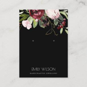BLUSH BLACK BURGUNDY PROTEA FLORAL EARRING DISPLAY BUSINESS CARD
