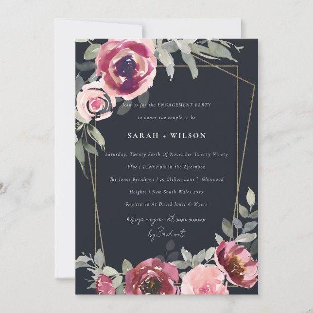 BLUSH BLACK BURGUNDY ROSE FLORAL ENGAGEMENT INVITE (Front)