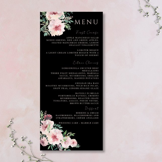 Blush & Black Elegant Floral Watercolor  Menu (Creator Uploaded)