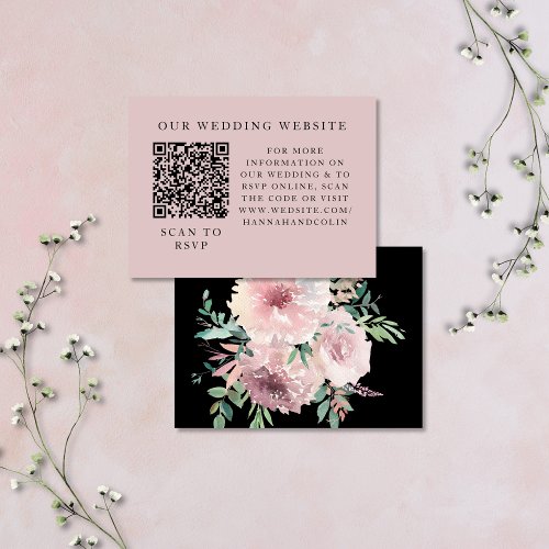 Blush  Black Elegant Floral Watercolor Web QR Enclosure Card
