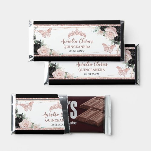 Blush Black Floral Rose Gold Quinceaera Butterfly Hershey Bar Favors
