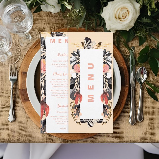Blush & Black Floral Wedding Reception Dinner Menu (Blush & Black Floral Wedding Reception Dinner Menu)