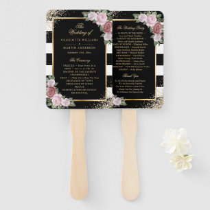 Blush Black Gold Confetti Floral Wedding Program Hand Fan
