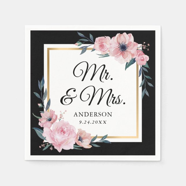 Blush Black Gold Floral Mr. & Mrs. Wedding Napkins (Front)