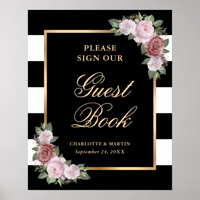 Blush Black Gold Floral Wedding Guest Book Sign (Front)