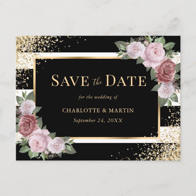 Blush Black Gold Floral Wedding Save The Date Announcement Postcard (Front)