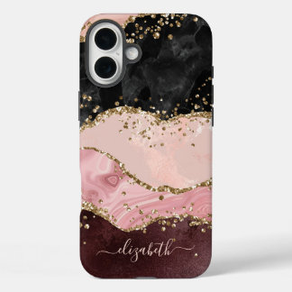 Blush Black Gold Glitter Agate Name Script iPhone 16 Plus Case