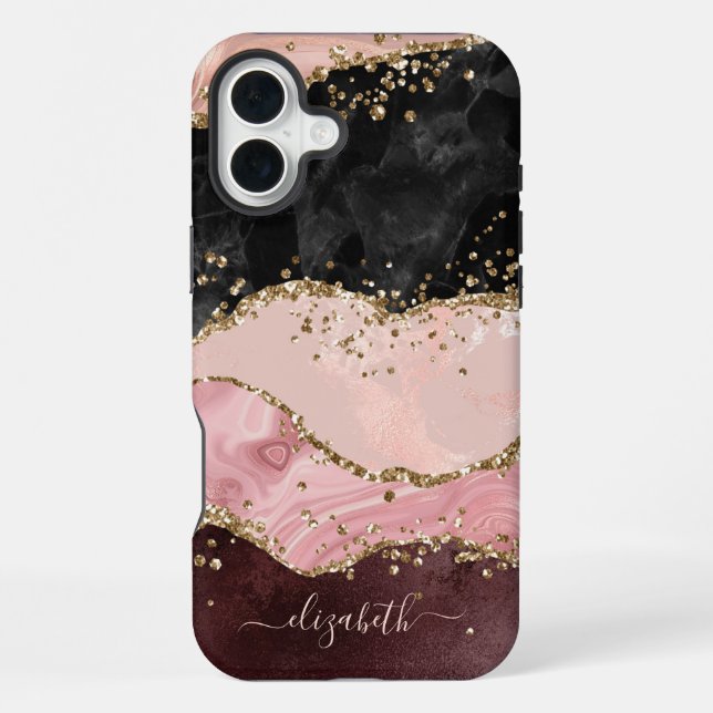 Blush Black Gold Glitter Agate Name Script Iphone Case (Back)