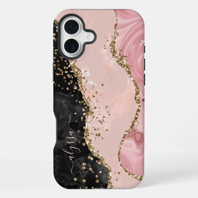 Blush Black Gold Glitter Agate Name Script Iphone Case (Back)