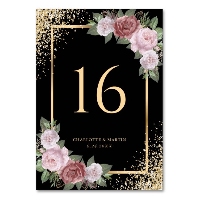 Blush Black Gold Glitter Floral Wedding Table Number (Back)