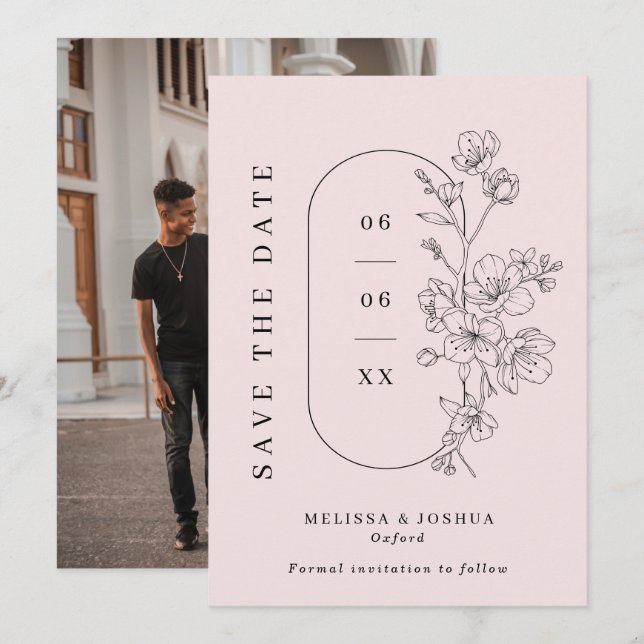 Blush & Black Line Drawn Floral Photo Wedding Save The Date (Front/Back)