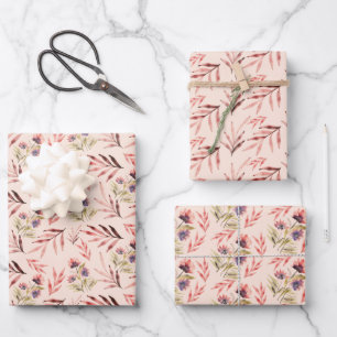 Blush Black Purple Wildflowers Watercolor Art Wrapping Paper Sheets