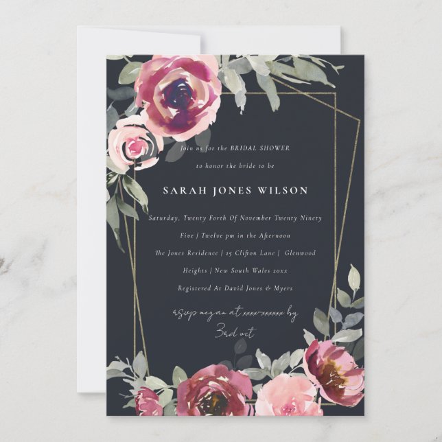 BLUSH BLACK RED ROSE FLORAL BRIDAL SHOWER INVITE (Front)