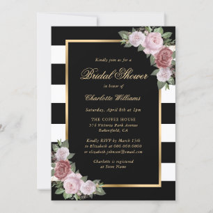 Blush Black White Gold Floral Bridal Shower Invitation