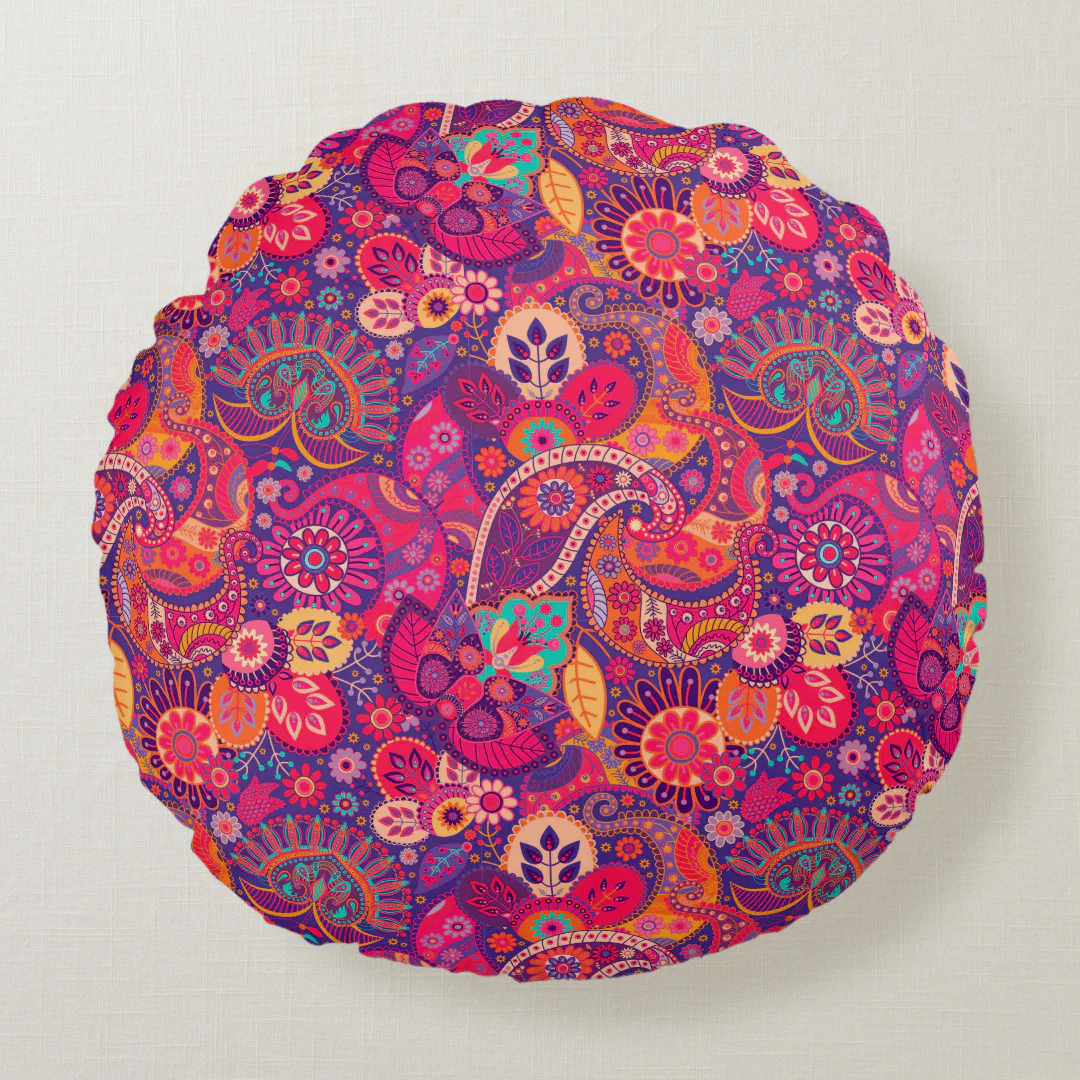 Blush Bloom Artistic Pink Garden Pattern Round Pillow