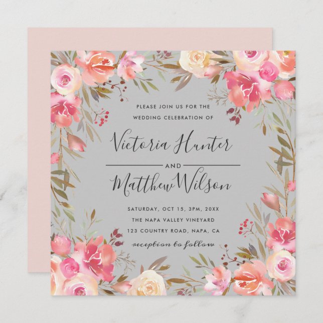 Blush Bloom Floral Wedding Invitation | Gray (Front/Back)