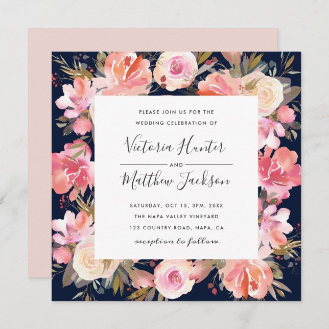 Blush Bloom Floral Wedding Invitation | Navy (Front/Back)