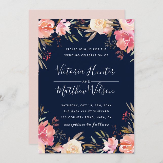 Blush Bloom Floral Wedding Invitation | Navy (Front/Back)