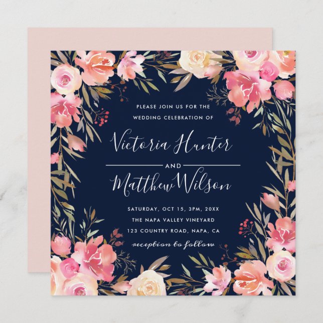 Blush Bloom Floral Wedding Invitation | Navy (Front/Back)