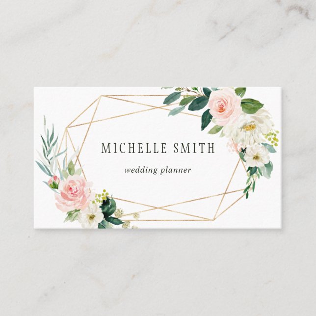 Blush Bloom Geometric Gold Frame Business Card (Front)