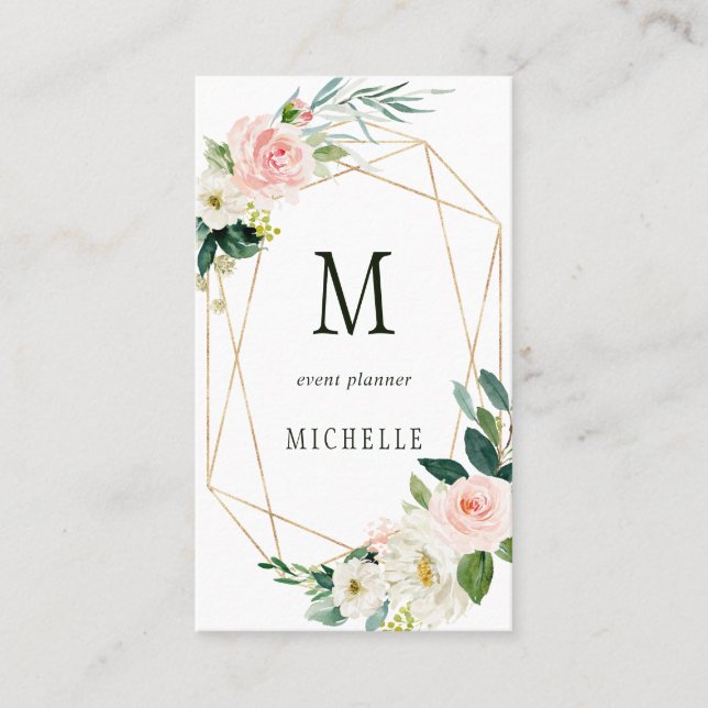 Blush Bloom Geometric Gold Frame Monogram Business Card (Front)