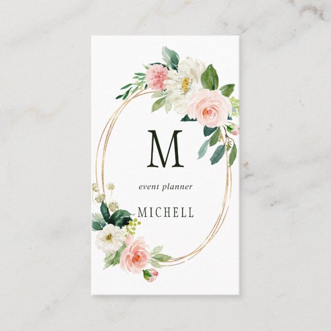 Blush Bloom Oval Gold Frame Monogram Business Card (Front)