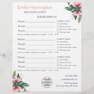 Blush Bloom Sign In Sheet Gray Real Estate Agent