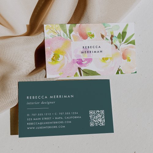 Blush Bloom  Watercolor Floral QR Code Business Card