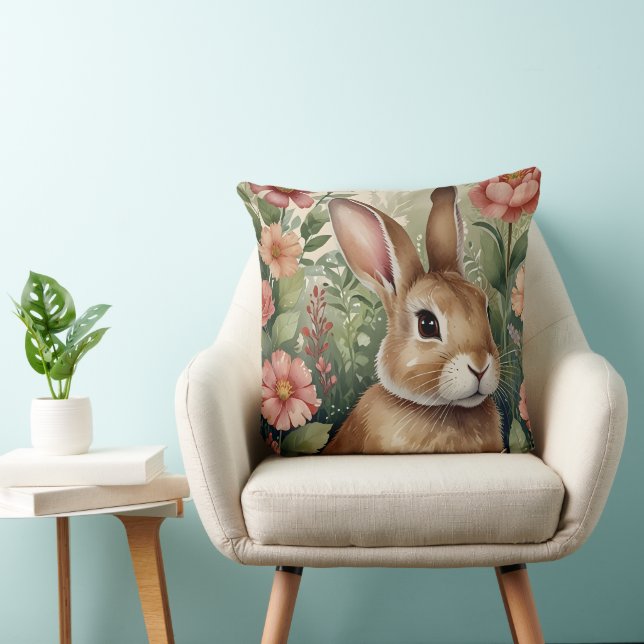 Blush Blooms and Bunny  Throw Pillow (Chair)