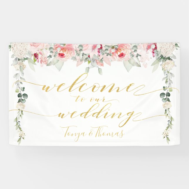 Blush Blooms Fancy Gold Calligraphy Welcome Banner (Horizontal)