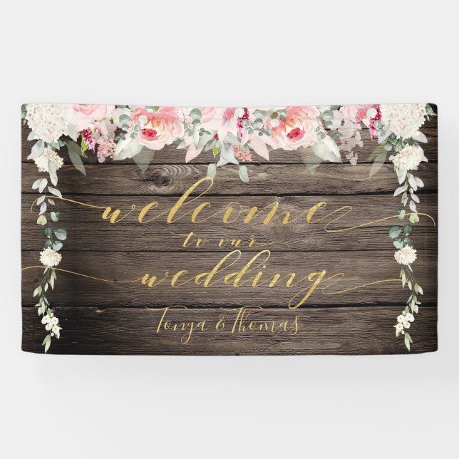 Blush Blooms Fancy Gold Calligraphy Wood Welcome Banner (Horizontal)