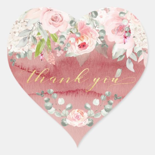 Blush  Blooms Gold Calligraphy Font Thank You Heart Sticker