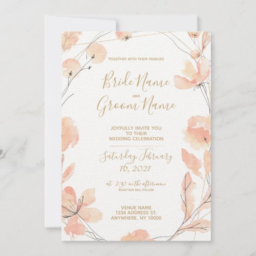 Blush  Blooms Watercolor Floral  Gold Wedding Invitation